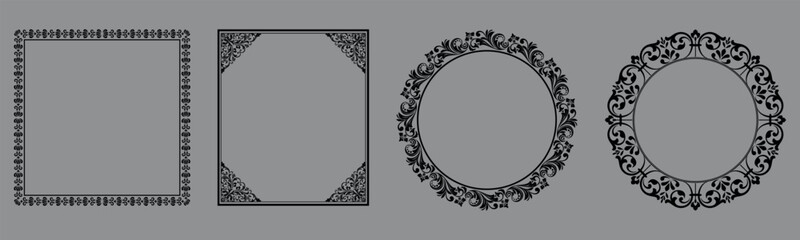 Set of decorative frames Elegant vector element for design in Eastern style, place for text. Floral black and gray borders. Lace illustration for invitations and greeting cards