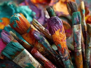 A Spectrum of Art: Paintbrushes with Vivid Hues, Brushstroke Texture, Painter's Palette, Creative Inspiration, Art Supplies for Expressive Fine Art and Inspiring Color Compositions