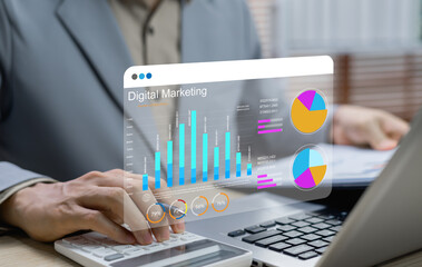 Digital marketing analytics concept showing, Businessman using dashboard with graphs, charts, and performance metrics for business insights, organizational growth, and planning strategy.