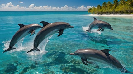 Fototapeta premium Group of dolphins leaping joyfully above turquoise waters near a tropical island with palm trees