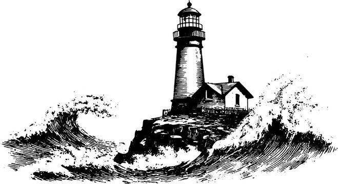Lighthouse engraving art set depicting a coastal scene. Detailed vintage illustration featuring waves and a classic structure, perfect for various uses.