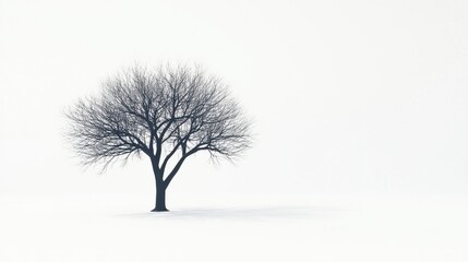 Fototapeta premium Bare tree standing alone in a snowy landscape during winter's quiet solitude
