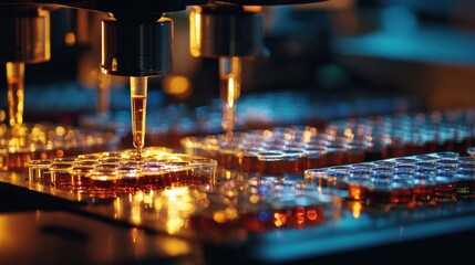 Automated liquid handlers dispense precise amounts of liquids into multi-well plates in a high-tech laboratory, illuminating the scene with vibrant colors.