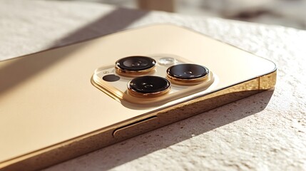 Gold iphone smartphone camera module showing three lenses and flash unit, resting on a textured surface, with warm sunlight creating strong shadows and highlighting the devices sleek design