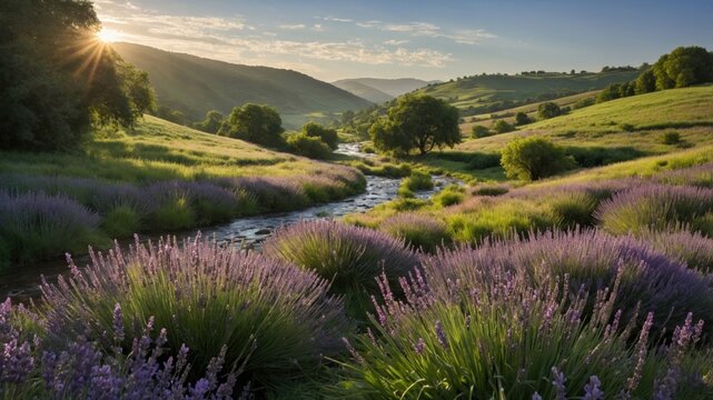 Serene lavender fields by a flowing stream at sunrise, with rolling hills and distant mountains