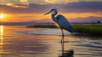 Majestic heron standing in shallow water at sunset, reflecting vibrant colors with mountains behind