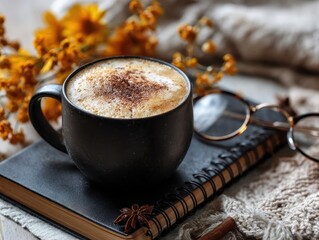 Relaxing Autumn Coffee Break: A Close-Up of a Steaming Coffee Cup on a Notebook with Autumnal Accents and Soft Knitted Blanket Against a Rustic Wooden Backdrop