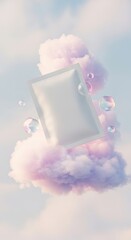 Surreal dreamscape mockup of a blank sheet mask pouch floating in a soft, hazy, and ethereal scene