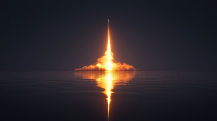 Rocket launching over the ocean at night, creating flames and smoke