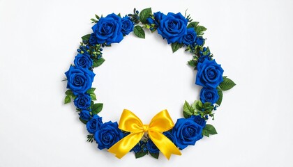 Elegant blue rose wreath with golden ribbon on white background, perfect for floral designs, invitations, and patriotic themes.