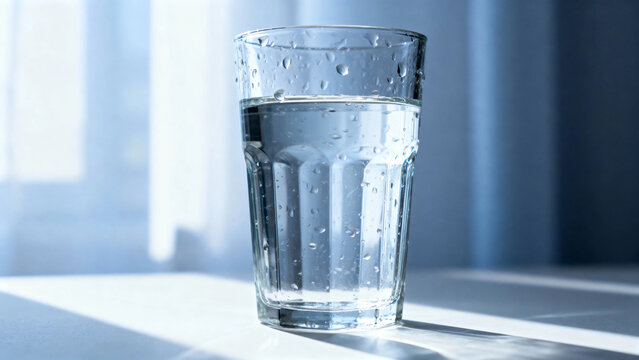 A clear glass of water with condensation droplets, placed on a surface near a window with soft natural light.