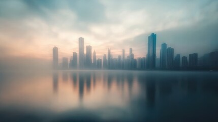 Obraz premium Foggy skyline reflects on calm water at sunrise in an urban cityscape