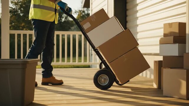 Delivery worker pushing a cart with packages on porch