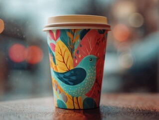 Artistic Coffee Cup with Bird and Leaf Motif Against Blurry Background: A Moment of Tranquility