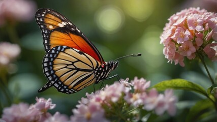 Colorful butterfly perched on pink flowers in a lush garden, with soft sunlight filtering through leaves