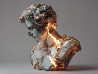 Ancient Roman male bust sculpture, a classical art piece crafted from marble with prominent cracks filled with a radiant golden glow, a stunning modern interpretation on a light gray studio background