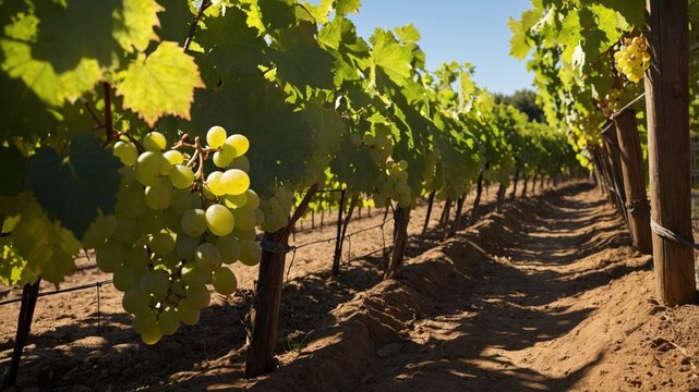 Lush vineyard with ripe green grapes hanging from vines under a clear blue sky in the countryside