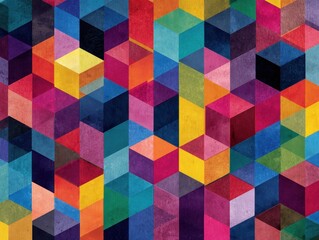 Textured Colorful Cube Pattern Art: Grunge Isometric Geometric Design, Abstract Block Mosaic, Vibrant Polygon Tile Background, Artistic Cubist Visual Texture