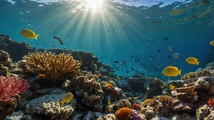 Obraz premium Underwater scene showcasing vibrant coral reefs and diverse fish species illuminated by sunlight
