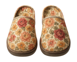 Floral textile slippers with slip-resistant soles, ideal for tiled cottage floors.