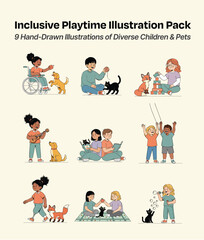Inclusive Playtime Vector Illustration Set: Diverse Children, Disability, and Pets.