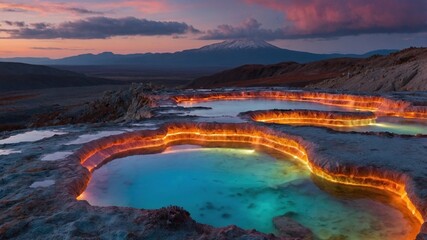 Stunning geothermal pools glow at sunset with mountains in the background, showcasing nature's beauty