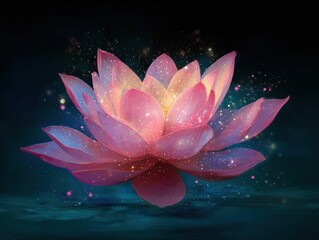 Mystical Pink Lotus Flower Glittering Petals Ethereal Sparkle Dark Teal Background Fantasy Water Lily Bloom Serene Glowing Blossom