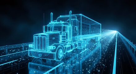 Futuristic semi-truck speeding on highway showcases logistics network and freight technology innovation, data driven transport