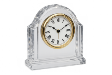 Clear desk clock with gold bezel displaying roman numerals, symbolizing time management and punctuality