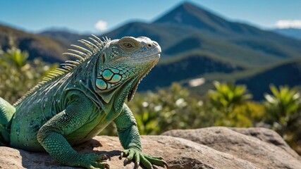 Obraz premium Vibrant green iguana basking on a rock with mountains in the background under a clear blue sky