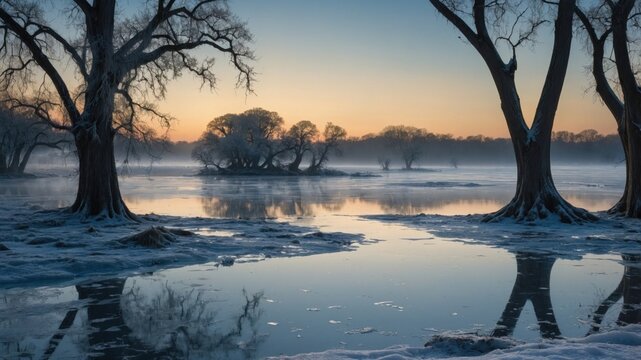 Serene winter landscape at dawn with icy river reflecting trees and soft pastel sky in background - Powered by Adobe