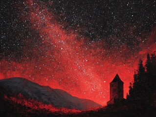 Dark Starry Night Sky Intense Red Galaxy Painting Ancient Stone Tower Landscape Mountains Forest Silhouette Cosmic Art Mysterious Rural Scenery