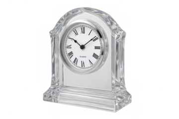 Decorative crystal table clock showing roman numerals and a quartz movement, transparent background for design flexibility