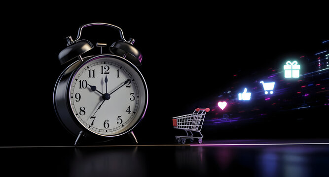 Times Up Shopping Clock Concept with Social Media Icons and Cart