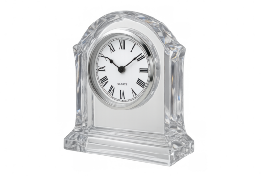 Decorative crystal table clock showing roman numerals and a quartz movement, transparent background for design flexibility
