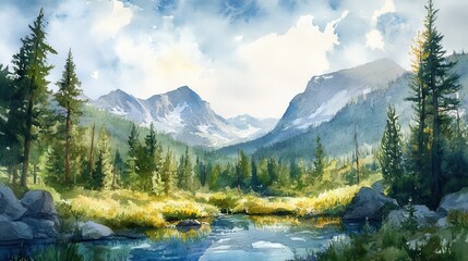 Obraz premium Serene landscape with trees, mountains, and river during daytime