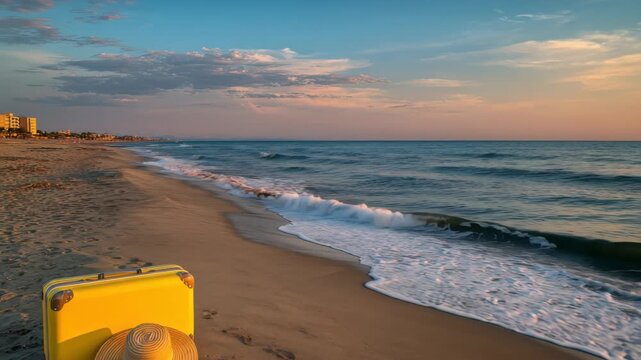 Bright Yellow Suitcase And Seashell Rest On Golden Sand At Sunset As Calm Ocean Waves Roll Onto A Remote Coastal Beach Under A Warm Orange And Pink Sky Evoking Quiet Travel And Solitary