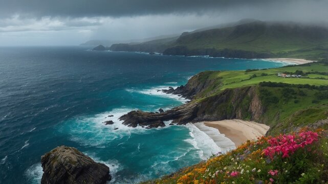 Dramatic coastal landscape with turbulent waves crashing against cliffs under stormy skies