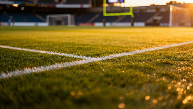 Close-up view of a football field corner with white boundary lines and goalposts in the background during golden hour