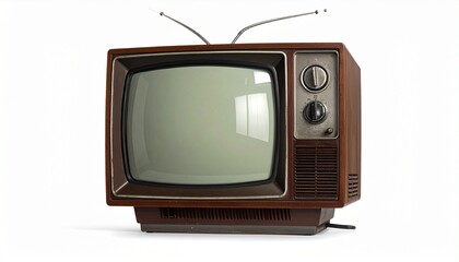 Vintage Retro Television Set with Antenna on White Background, Old Wooden TV Receiver, Classic Entertainment Device