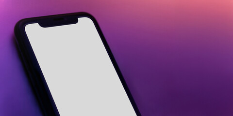 Smartphone mock up with white blank screen on vivid neon tones background. Web banner of mobile phone for digital product and apps showcase with copy space.