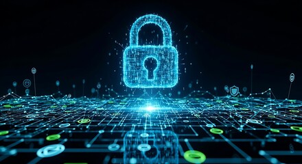 Glowing blue padlock over digital network with security icons around