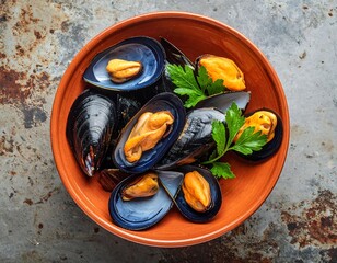 Cooked mussels in a rustic bowl