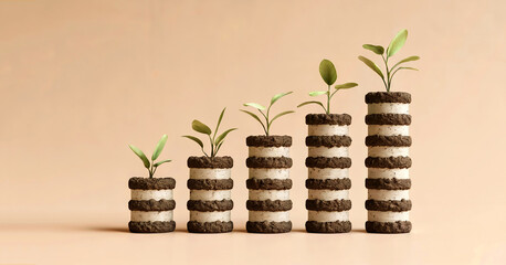 Stacked coins with green sprouts growing on top symbolizing eco friendly financial growth