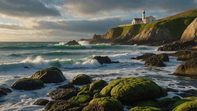 Majestic lighthouse perched on a rocky cliff, waves crashing against the shore at sunset