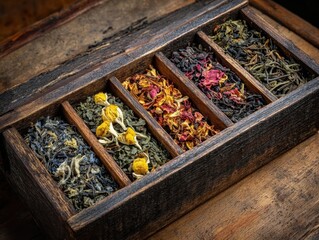 Assortment of Dried Teas in Wooden Box with Compartments Herbal Tea Collection Variety of Flavors and Textures in Rustic Container Natural Ingredients for Hot Beverages Aromatic and Calming