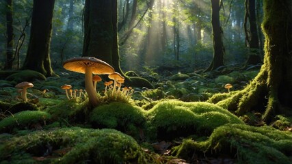 Enchanted forest scene with mushrooms growing on mossy ground, sunlight filtering through trees