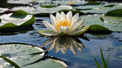 Serene white water lily blooming on a tranquil pond, surrounded by lush green lily pads and reflections