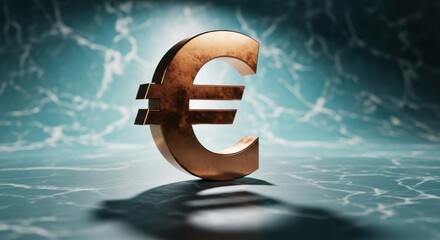 Currency symbol of euro displayed against a blue background with dramatic lighting