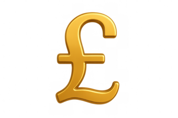 Golden pound sterling symbol representing currency, wealth, economy, and financial success on transparent background